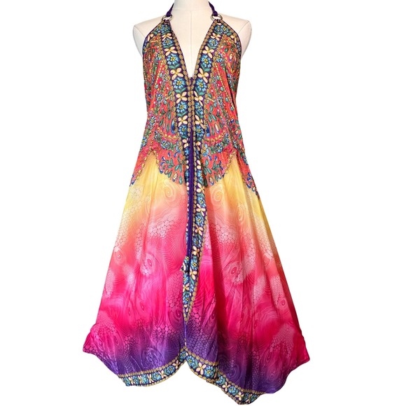 Rima SXM Halter Maxi Dress Womens OS Multi-Color Like New Art Silk Boho Print - Picture 2 of 15